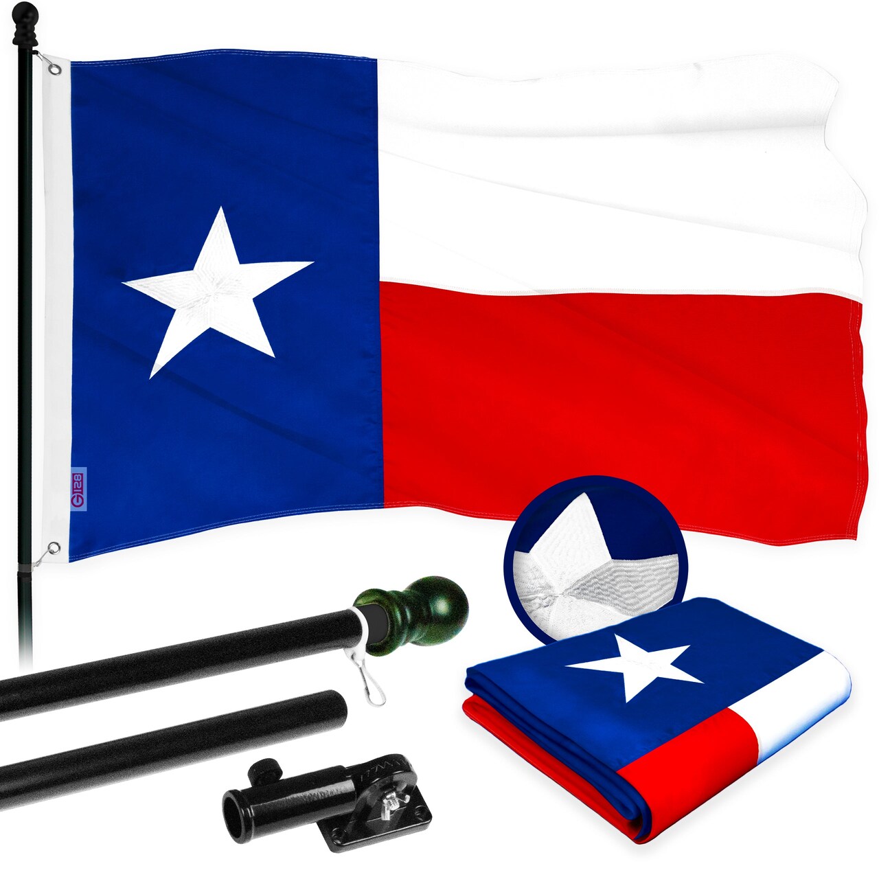 G128 - 5 Feet Tangle Free Spinning Flagpole (Black) Texas Flag Brass Grommets Embroidered 2x3 ft (Flag Included) Aluminum Flag Pole